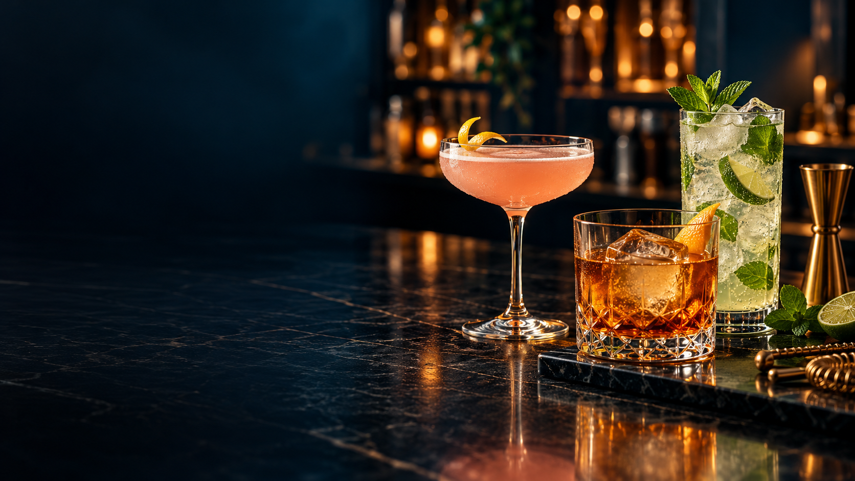 Cocktail-bar illustration with three drinks and warm amber lighting